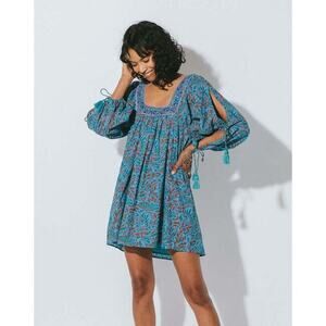 Cleobella Skyla Mini Dress XS Blue Swing Boho Beachy Resort Organic Coverup Belt